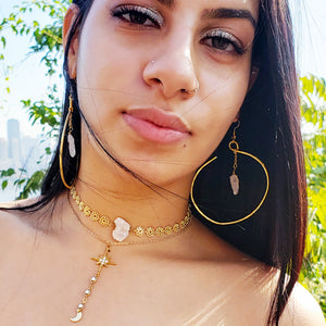 beautiful model wearing baddest bish ever fine jewelry Moony Estrella Beams Enamel 18 Karat Gold Choker butterfly in vibe collection