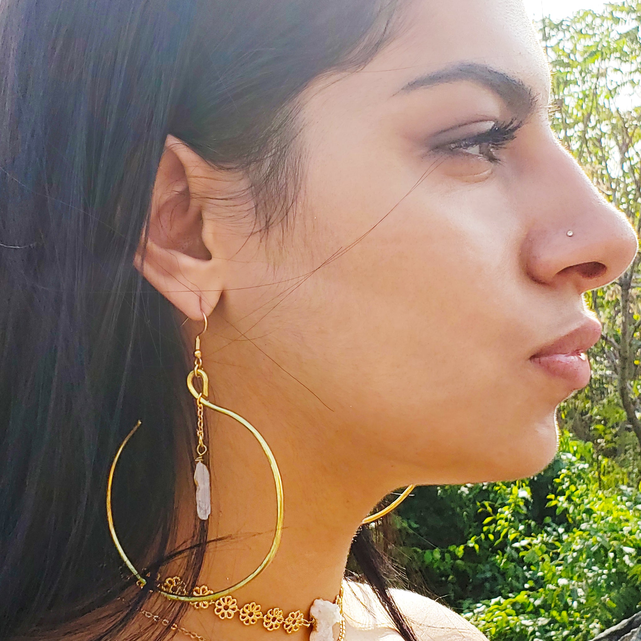 Blissful Charisma Large Hoop 16 Karat Gold Crystal Quartz Earrings Baddest Bish Ever Fine Jewelry Butterfly Vibe Collection 