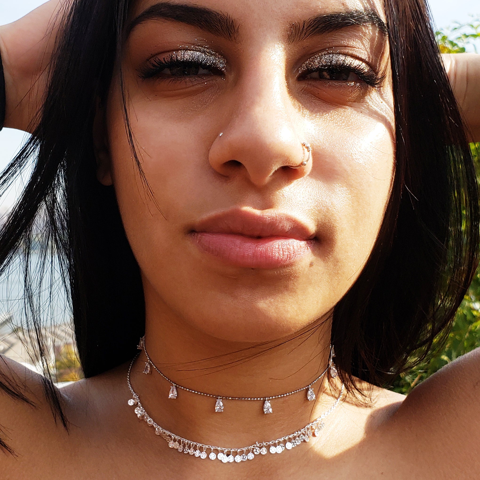baddest bish ever fine jewelry dreamy dreams collection Sunshower Dew Drops Swarovski Crystal and Sterling Silver,  14KT Gold & Rose Gold Choker beautiful model 