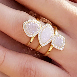 baddest bish ever fine jewelry Illume Illuminati White Druzy Crystal 18 Karat Gold Ring from butterfly vibe collection close up