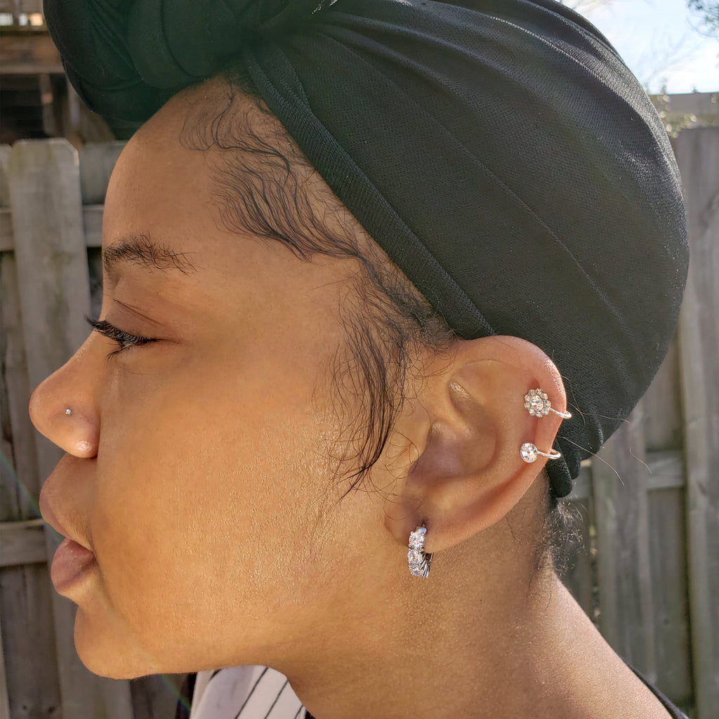 Baddest Bish Ever Fine Jewelry Flower Up 925 Sterling Silver Swarovski Crystals Ear Cuffs in Butterfly Vibe Collection with beautiful model