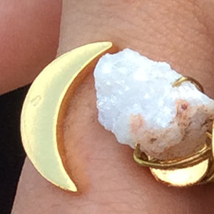 Baddest Bish Ever Fine Jewelry Dreamy Dreams Collection Triple Eclipse Glitterati White Druzy Quartz Crystal 16KT Gold Ring model wearing
