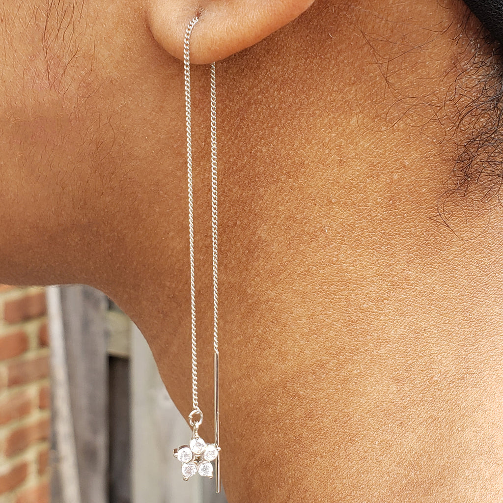 Baddest Bish Ever Fine Jewelry String Theory Swarovski Crystals Sterling Silver and 14KT Gold Thread Earrings in Dreamy Dreams Collection beautiful model