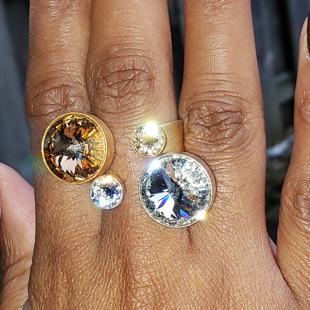 baddest bish ever royalty collection Puissance Matte 24KT Gold & Matte Silver Swarovski Crystal Ring wearing beautiful model