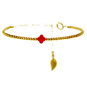 Rainbow Chanceux Clover Ruby Red Pearl 14KT Gold Ball Beads Bracelet in Butterfly Vibe Collection